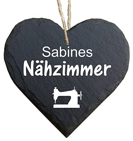 homeyourself - Schieferherz Schiefer Schild personalisiert mit Druck/Wunschtext - Nähzimmer nähen - individualisiert