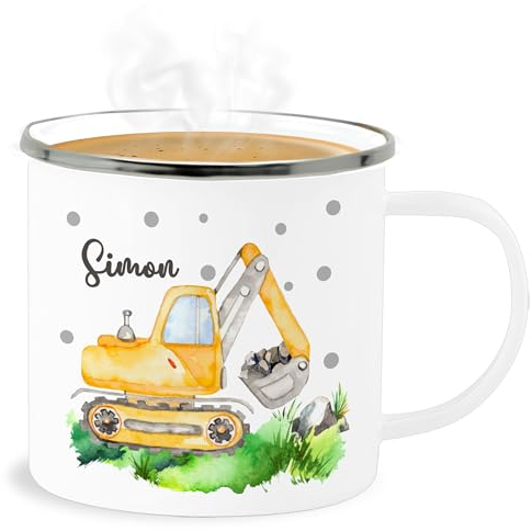 Emaille Becher Blechbecher - Bagger I Baggerfahrer Geschenk - 300 ml - Weiß Silber - kindertasse blech tasse kindergarten baufahrzeug name tassen kindergeschirr baustelle baggertasse fahrzeug