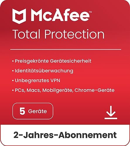 McAfee Total Protection (5 Geräte) 2025 | 2 Jahre | Secure VPN, Sicherheitssoftware mit Virenschutz,Kennwort-Manager, Identitätsüberwachung | Digitaler download