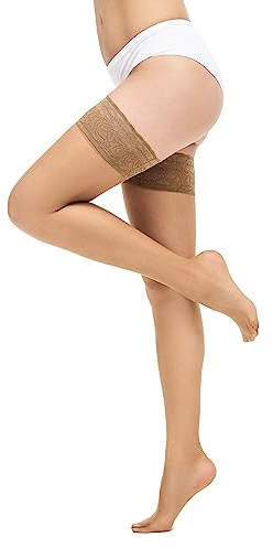 Veluk Women's Stay Up Thigh High Stockings 20 Denier Feeling Caramel Medium