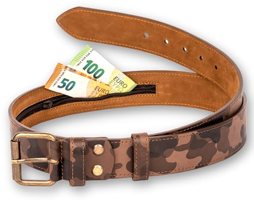 comari Premium Geldgürtel Leder Herren, Stoff-Geheimfach, Reißverschluss - Hochwertiger Gürtel für Reisen, Ledergürtel Handarbeit (Camouflage Braun)
