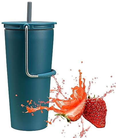 OLCANA Vaso de paja aislado - Vaso aislado de acero inoxidable de 600 ml, botella de agua térmica con pajita y asa, vaso portátil sellado al vacío para gimnasio, coche deportivo