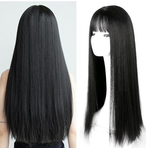 FENYW Lange Perücke mit Pony, 72cm Natürliche Synthetische Perücke für Frauen, Cosplay Wig, Lang Schwarz Glatt für Halloween Kostümparty Tägliche Party Cosplay