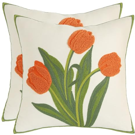 Tosleo 2 Stück kissenbezüge Bestickte Orange Tulpe Kissenhülle 45x45cm Blume Kissenbezug Wurfkissenbezüge für Gartenlounge Sofa Dekokissen Wohnzimmer Schlafzimmer Bauernhaus Garten