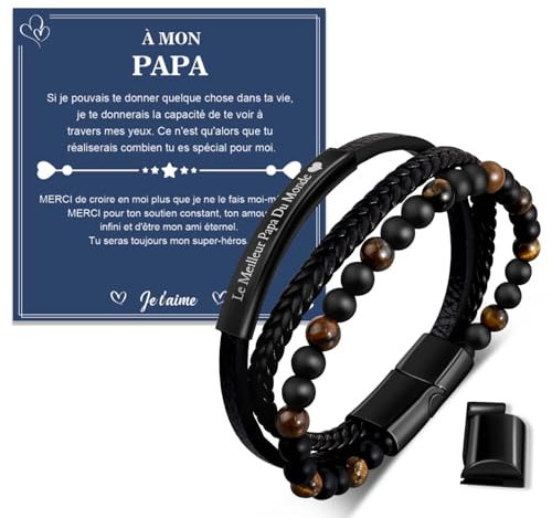 BOCHOI Bracelet Papa Fête des Pères, Cuir Homme Idée Cadeau Original, Anniversaire Personnalisé Bijoux, Perles Jaune