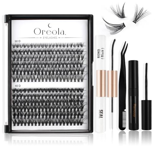 Oreola Ciglia finte individuali Ciglia in cluster da 240 pezzi con adesivo e sigillo, applicatore e dispositivo di rimozione delle ciglia, Ciglia individuali da 8-16 mm D Curl misto 30D+40D