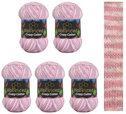 5 x 100g Wollbiene Crazy Cotton Batik 500 Gramm mit Farbverlauf 55% Baumwolle mehrfarbig Multicolor Strickwolle Häkelwolle Wolle Ganzjahreswolle (6080 flieder blau color)