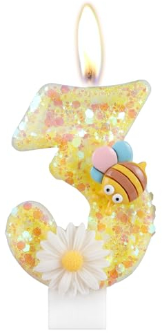 Blume Geburtstagskerzen, Zahl 3 Kerzen mit Biene für Kuchen, Mädchen 3. Geburtstag Dekorationen, Gelb Glitzer Geburtstagskerzen, Honigbienenkuchenkerzen Toppers für Mädchen Baby Geburtstag Party