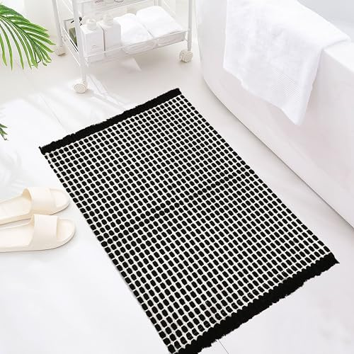 Siiluminisoy Badezimmerteppich, Badematte mit Quasten, schwarz und weiß, 61 x 91 cm, dick, saugfähig, rutschfest, für Badezimmer, Fußmatten, maschinenwaschbar