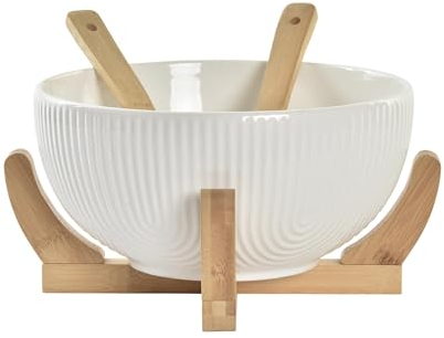 LEKE GO Set 3 pieza ensaladera de porcelana con soporte y palas de bambu