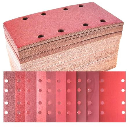 Wanmutrun 100pièces 93x185mm Papier Abrasif Rectangulaire Grain40 60 80 120 240 320 600 1000 1500 2000 Disques abrasifs Hook and Loop à 8Trous Papier de Verre pour Ponceuse Rectangulaire