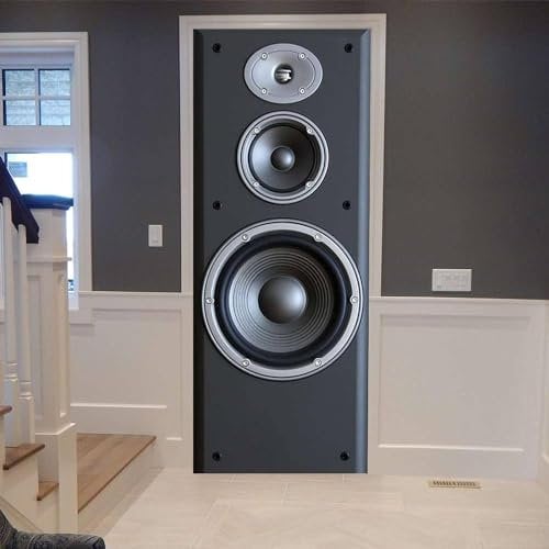 Self Adhesive Door Wrap Sticker - Stylish Black Speaker 95 X 215 Cm - Peel and Stick 3D Effect Door Wrap - Hd Removable Vinyl Wallpaper Living Room Children's Room Bedroom Office Kitchen Doo