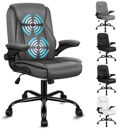 ALFORDSON Ergonomischer Massage BüRostuhl Mid Back Mit Klappbarer Armlehne, Pu Leder Studienstuhl Mit Sgs Gelistet Gas-Lift, Gaming Stuhl FüR Computer Arbeitstisch, Max Belastung 150kg, Gray