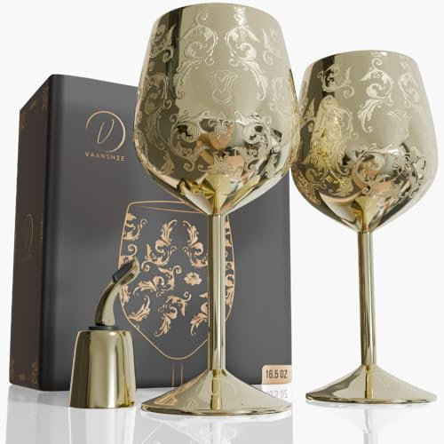 vaanshie 481.9 g Edelstahl Weingläser [2er Set] - Gold Royal Kelche mit Barock Gravur, Unzerbrechliche Weinbecher mit Flaschenverschluss - Ideal als Muttertagsgeschenk