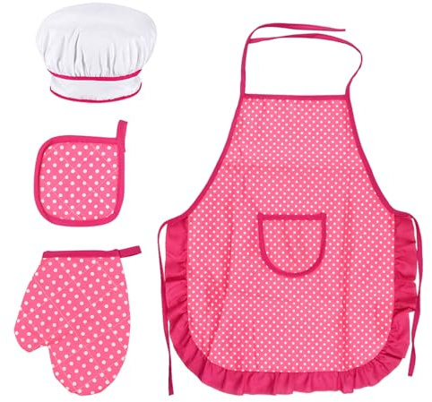 Juego Delantal Chef para Niños, Ajustable Niñito Delantales de Cocina con Gorro Cocinero, Guantes de Horno, Almohadilla Resistente al Calor para Cocinar Hornear Pintura Artesanía (3-12 Años)