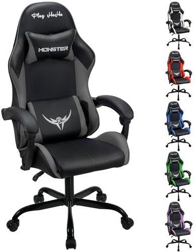 haha. Ergonomic Gaming Chair - Swivel Office Chair with Lumbar Pad, Grey Leather