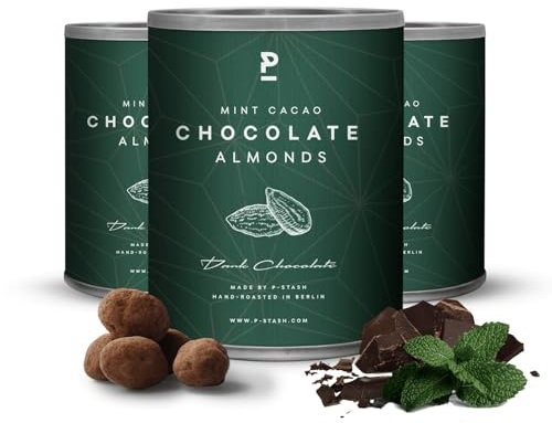 P-STASH Mandel Dunkle Schokolade Minze Kakao, Edle Mandeln geröstet 3x60g, fettfreie Trommelröstung, Nussmischung mit einzigartigen Gewürzkombinationen, Premium Nuts made in Berlin