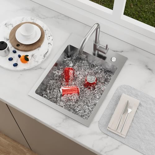 KEOKBON Klein Spülbecken Nano Silber, 35 x 40cm Spüle Küche mit 2 Hahnloch, Einbauspüle inkl Siebkorbventil & Überlauf, Küchenspüle Rechteckig, Edelstahl Eckig 1 Becken, Kitchen Sink