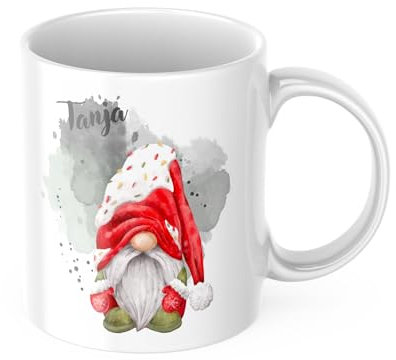 drunkLY Weihnachtstasse mit Namen - mit Gnom-Motiv - personalisierter Keramik Kaffee-Becher – Weihnachts-Tasse - Glühwein-Tasse - Nikolaus & Wichteln Geschenk-Idee (Gnom-rot weiß)