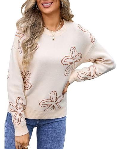 HEYPORK Damen Herbst Winter Warm Bequem Pullover Casual Mode Strickjacke Strickpullover Frauen Blume Langarm Rundhals Pullover Stricken(Aprikose-1, M)
