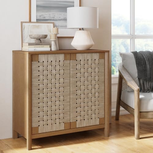 Nathan James Aerie Rustikaler Holzschrank Boho Wohnzimmer Aufbewahrungsschrank mit Seegras Türverkleidungen und Massivholzbeinen, Hellbraun
