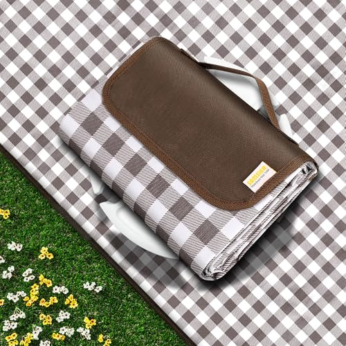 SAMSIER Picknickdecke für den Außenbereich, wasserdicht, faltbar, sanddicht, extra groß, Gingham-Muster, niedlich, waschbar, tragbar, für Park, Strand, Camping, Innenhof (Braun, 203,3 x 203,2 cm)