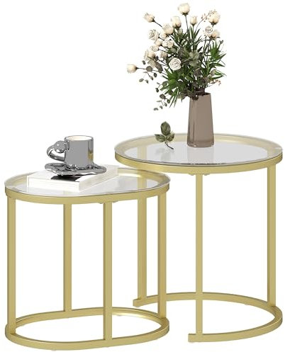 HOMCOM Lot de 2 Tables Basses Tables d'appoint gigognes en Acier et Plateau Verre trempé Transparent - Table Ronde et Ovale - Transparent