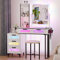 yoofun LED White Dressing Table With Mirror And Stool, Smart White Makeup Desk with Charging Station, Modern Glass Top Vanity Table Set with 5 Drawers for Bedroom Ajustable Light