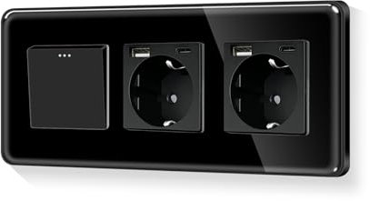 LIAONFOY Interruptor de luz redondo Schuko de 1 vía con doble enchufe tipo C y dispositivo de combinación USB, velocidad máxima de carga, 20 W, 100-240 V, 228 mm, color negro, empotrado, (requiere