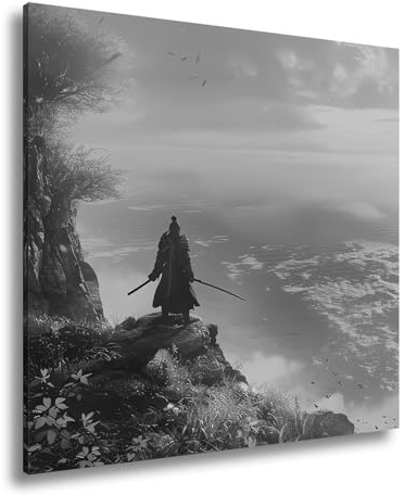 deyoli Leinwandbild Samurai im Sonnenuntergang – Stille Ehre am Horizont. Format: 60x60cm Effekt: Schwarz&Weiß XXL Kunstdruck Bild auf Keilrahmen/Wandbild/Wohnzimmer Dekoration