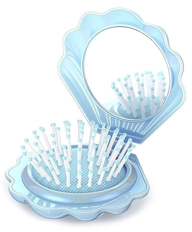 Muorruo Mini-Reise-Haarbürste, faltbar, mit Spiegel, Muschelform, Taschen-Make-up-Spiegel, kompakter Haarmassagekamm, Bürste für Damenfrisuren, Brautparty-Geschenk, Partyzubehör, Blau