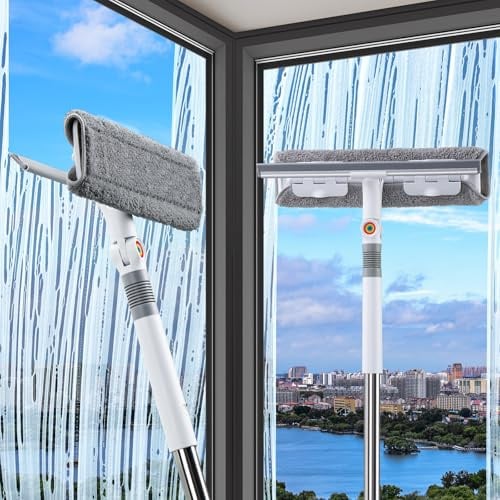 MOPUP3,2 m Fensterwischerreiniger, 2-in-1-Duschwischer mit Verlängerungsstange, mit 8 Verlängerungsstangen, 4 Mikrofasertuchbürsten und Gummischaber, für hohe Fenster im Innen- und Außenbereich