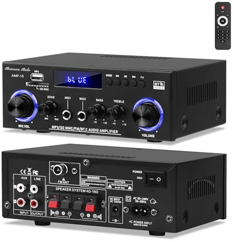 AMP-10 Stereo Audio Amplifier, 400W Home 2-Channel Bluetooth 5.0 Power Amplifier System with Mic Input/Output, Echo Control, USB/SD MP3 Playback, FM Radio & Remote Control for Home Theater & Karaoke