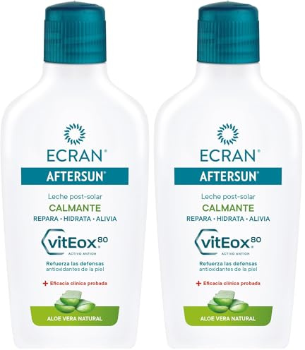 Ecran - Aftersun Leche Post Solar Hidratante y Reparadora con Aloe Vera Natural, Hidrata, Calma, Alivia y Repara, Textura Ligera y Rápida Absorción, Fórmula con VitEox 80-200 ml (Paquete de 2)