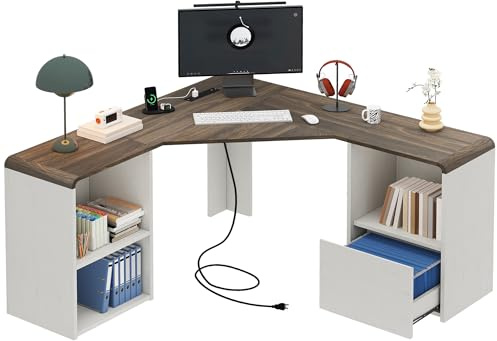 Homiflex L-Shaped Corner Desk with File Drawer & Power Outlets, White | 60 Sturdy wood construction supports daily work and writing tasks
