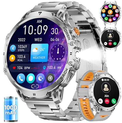 Smartwatch Herren, 1,85'' HD Display/1000mAh Akku,SpO2/Schlafmonitor,Silber | Große Display,Militär Smart Watch Herren mit Taschenlampe/110+ Sportmodis/2 Bander/IP68,Fitness Tracker mit Puls,Android iOS
