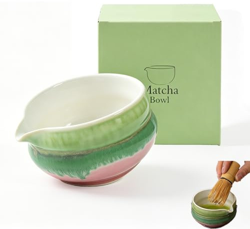 Cloxtralon - Cuenco de cerámica para matcha (porcelana esmaltada con acuarela, tradicional japonesa, incluye caja de regalo para batir matcha rosa verde