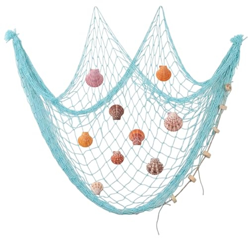 Fischernetz Deko groß, Dekoration für Fotowand und Raumgestaltung, Mediterraner Stil mit 9 Muscheln, Ideal für Wohnzimmer und Party, Maße 100x200 cm
