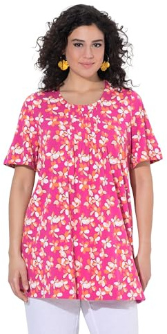 Ulla Popken Damen große Größen Übergrößen Plus Size Longshirt, Blüten, Zierfalten, A-Linie, Rundhals, Halbarm kräftiges pink 66+ 850111800-66+