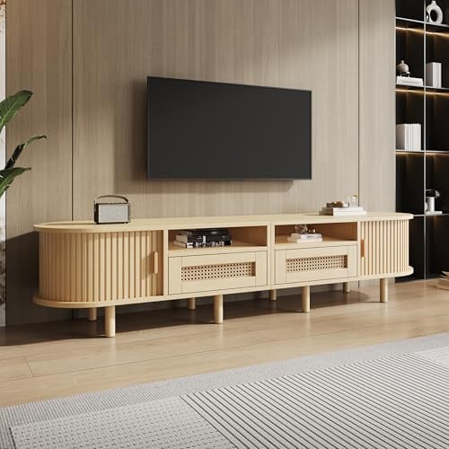Merax TV Schrank Ovaler in Holzfarbe, Lowboard Fernsehtisch mit 2 Schiebetüren, 2 Rattan-Schubladen, TV-Regal für Fernseher bis zu 70 Zoll, Landhausstil Sideboard Fernsehschrank für Wohnzimmer, 170cm