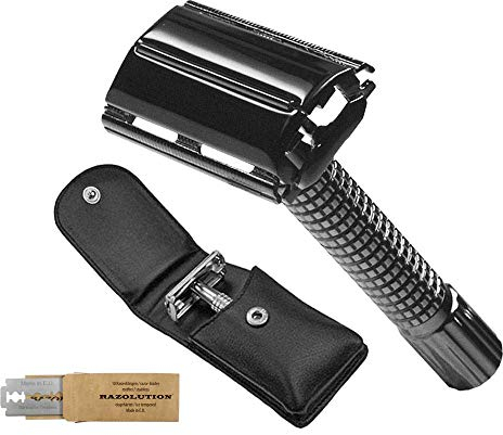 Rasierhobel Butterfly Set 3-teilig Schwarzchrom im Lederetui mit Klingen - jetzt nur