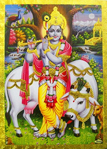 Krishna mit Kuh Poster / Nachdruck Hindu-Gott Bild mit goldener Folie (ungerahmt: Größe 12,7 x 17,8 cm)