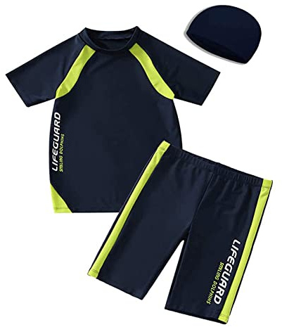 BASADINA Boys Swimsuit Two Piece 50+UV Swimsuit Costume, Short Sleeves Boys Swimwear 5-14 Years Navy