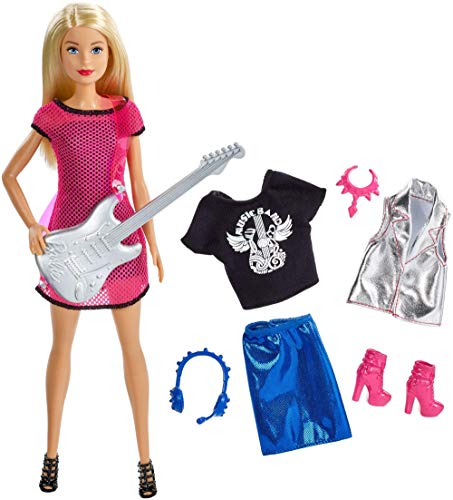 Barbie Métiers poupée Rockstar, musicienne avec Guitare argentée et Une Tenue supplémentaire et Accessoires, Jouet pour Enfant, GDJ34 Multicolore