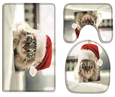 A.Monamour Badezimmer Badematte 3 Teilig Set Nette Katze Im Roten Weihnachtsmann-Hut Tierischen Weihnachtsfeiertagkunstdruck Flanell Saugfähig Badteppiche Badvorleger Badgarnitur WC Vorleger