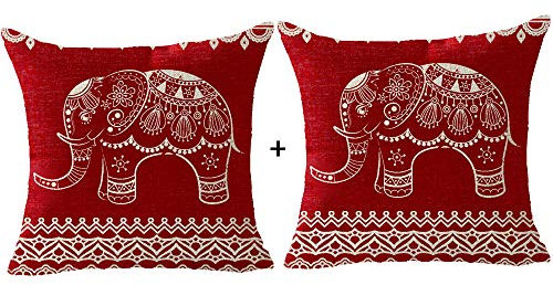 FELENIW Set mit 2 Kissenbezügen im Boheme-Stil, indischer Stil, Elefant, Mandala, Retro, roter Hintergrund, Kissenbezug, Baumwollleinen, dekorativ, 45,7 x 45,7 cm