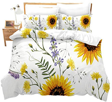Loussiesd Kinder Mädchen Bettwäsche-Set Sonnenblumen-Bettbezug-Set 135x200 cm 3D-Druck Pastoral Betten Set Blütenblüten Zweige Weiche Mikrofaser mit 1 Kissenbezug 80x80 cm