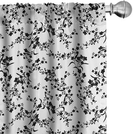 ABAKUHAUS Blumen Vorhänge, Gardinen, Barock-Blüte Weinlese, Fensterbehandlungen für Wohnzimmer Schlafzimmer Dekor, 2 Stück 75 cm b x 175 cm h, Schwarz und weiß