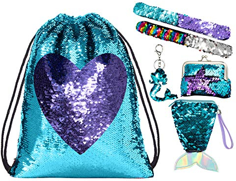 Wodasi Mermaid Pailletten Kordelzug Rucksack Glitzernde, Pailletten Tasche Mädchen Meerjungfrau Pailletten Tasche Kordelzug Pailletten mit Slap Armbänder für Mädchen, Kinder (Blau + Lila)