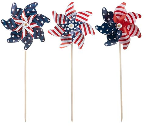 Glitzhome Patriotische Windräder, 81,3 cm, amerikanische Flagge, Windspiel mit reflektierenden Heringen, Outdoor-Dekoration für 4. Juli, Hof- und Gartenfeiern, 3 Stück